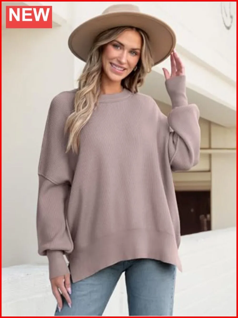 Oversized Chunky Ribbed Knit Pullover Sweater Batwing Sleeve Crewneck
